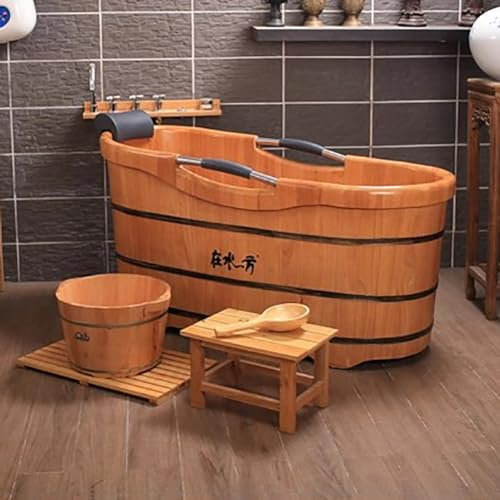 MegLob Freistehende Hölzerne Badewanne Beleuchtete, Japanische Stil Massive Holzbadewanne Einweichen Allein Badewanne Stand Set, Spa Hotel Soaker Mit Popup Drain & Stuhl,150cm/59.05