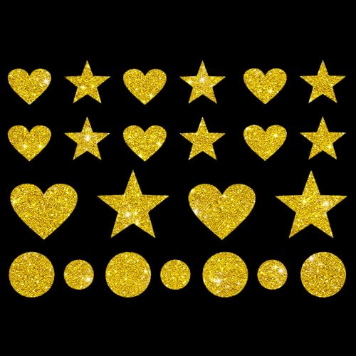 Glitzerdeals Bügelbilder Glitzer Herzen Sterne Punkte Karneval Glitzer gelbgold Aufbügler für Textilien Karneval Kostüm Herzen Bügelflicken Sterne Fasching Patch zum Aufbügeln Herzen