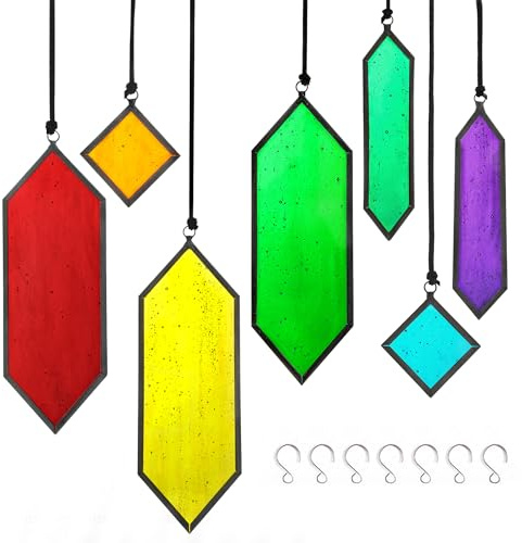 HDCRYSTALGIFTS Set 7 Sun Catchers Stained Glass Decor Gift,Stained Glass Window Hanging Suncatchers with Hooks Rainbow Maker Home Garden Glass Ornaments for Christmas Tree