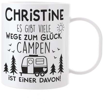 Herz & Heim® Kaffeetasse - Camping- aus Kunststoff mit Namen (Es gibt viele Wege zum Glück)