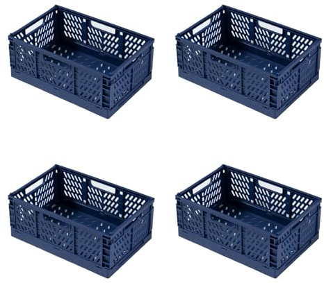 heqxwl 4 Stück Faltbare Kunststoff Aufbewahrungsbox, Einkaufskiste Klappbar, Stabil Klappboxen Faltbar für Küche, Büro, Schlafzimmer, Schrank, Schublade (Blau, M)