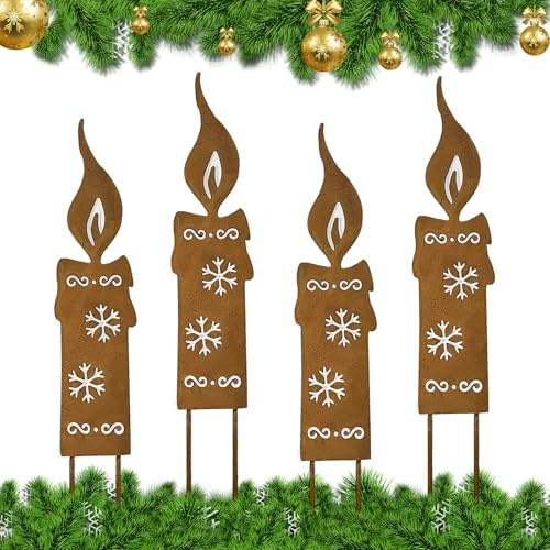 HXUING 4 Stück Gartenstecker Kerze 25cm, Kerzenflamme aus Edelrost Metall, Weihnachtlicher Stimmungsvoller Deko Stecker, Rost Deko Herbstdeko Outdoor(B)