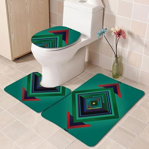 Bad Teppiche Set Dunkelgrüne Geometrie Badezimmerteppich Waschbar WC Vorleger mit Ausschnitt und WC Deckelbezug 3 Teilig Badematte rutschfest Toilettensitzbezug Badgarnitur 45x75 cm