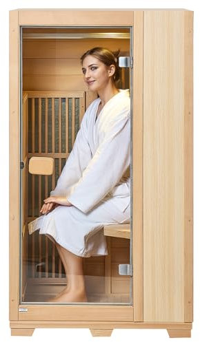 VEVOR Ferninfrarot-Holzsauna, Sauna-Spa für zu Hause im Zimmer für eine einzelne Person, Niedrige EMF-Ferninfrarot-Sauna aus Hemlockholz mit gehärteter Glastür & LED-Leselampe & Bluetooth-Lautsprecher