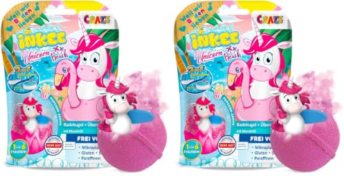 INKEE SURPRISE UNICORN BEACH | Einhorn Badekugel mit Überraschung, Badebombe mit Einhornfigur, Pop Corn Aroma, dermatologisch getestet, 1 Stück (2er Pack)
