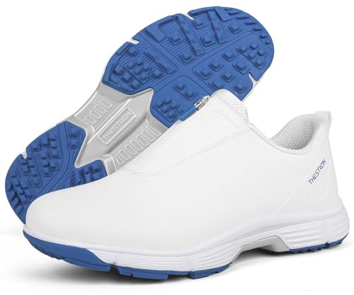 PENXZT Scarpe da Golf Impermeabili per Uomo, Scarpe da Ginnastica Sportive da Golf Senza Tacchetti, per Allenamento all'aperto e al Coperto, Scarpe da Golf,White Blue,49 EU