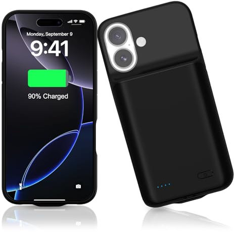 HUOBAO Akkuhülle für iPhone 16 (6,1), 7000mAh Tragbares Ladegerät Akku Hülle für iPhone 16, 15W Intelligenter Wiederaufladbarer Externer Akku Ladehülle für iPhone 16-Schwarz
