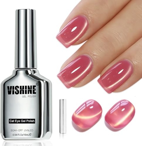 Vishine 16 ml Gold Glitter Cat Eye Gel-Nagellack, Berry Pink Velvet Ice Jelly Glitter Cat Eye Gel-Nagellack mit Magnet, UV-LED-Aushärtung erfordert Nägel für den Heimsalon #437