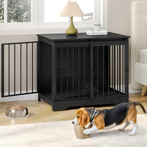 31.9 Dog Crate Furniture with Barn Door, Heavy Duty Dog Kennel Indoor with 2 Doors, Wooden Pet Cage End Table for Small Medium Dogs up to 44 lb, Anti-Chew Anti-Escape, Black DFC83604B