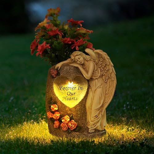 Grabvase Engel mit Solarleuchten, Grabschmuck Engelsvasen Gartenfiguren für Außen, Wetterfest Friedhofsvase Engel Solar Grablicht, Solar Licht Engelfigur Grabvasen für Frische/Künstliche Blumen (A)
