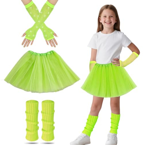 Cosysparks Kostymer 80-talsflicka, 80-tals fantastisk klänning för barn med benvärmare Tutu-kjol Neon fisknätshandskar, fantastisk klänning för temafest, grön, one size