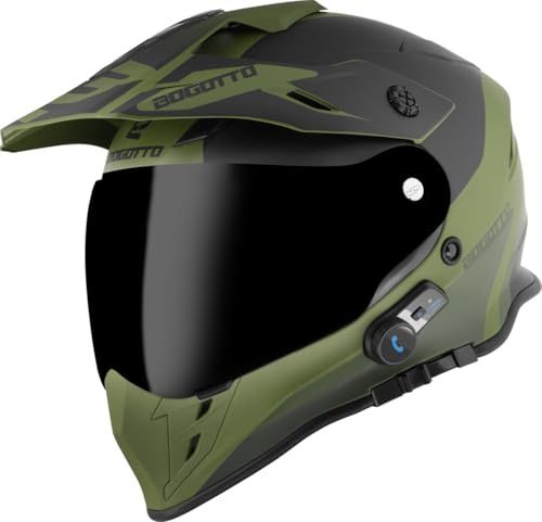 Bogotto H331 BT Tour Evo Bluetooth Casque d’Enduro, Noir Mat/Vert, XL