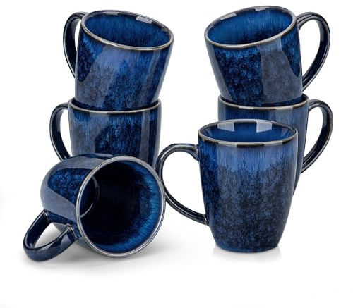 vancasso STARRY Ceramic Coffee Mug Set of 6, 12 Oz Tea Cups with Handle for Latte, Tea, Cappuccino, Milk, Cocoa, Microwave&Dishwasher Safe,Blue