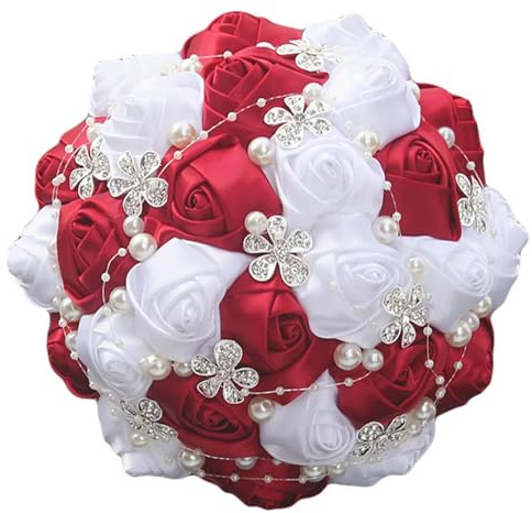 Bouquet da sposa coreano di lusso con rose in seta diamante fatto a mano per damigella d'onore bouquet rosso vino bianco diametro 24 cm