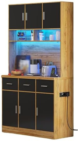 Köksskåp, högskåp, 100 x 40 x 180 cm med 6 dörrar och 3 lådor, bufféskåp med justerbara hyllor och LED-stativskåp, vitrinskåp för kök vardagsrum matsal, natur svart