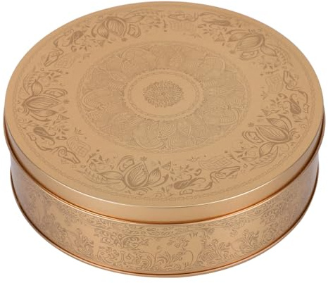Healifty Round Tin Tinplate Cookie Box with Lid Candy Box Cake Storage Tin for Baking Cakes Biscuits Desserts and Party Storage Golden 6.61 X 6.61 X 1.97 in