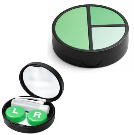CAYLEKI Circular Green Contact Lens Case with Leak-Proof Seal & Mirror - Portable Travel Storage for On-The-Go Use, Includes Tweezers & Solution Bottle for Secure Hygiene and Clean Lens Care