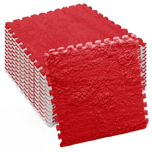 Ineinandergreifende Plüsch-Schaumstoffmatte, 12 Stück Wohnzimmer-Schlafzimmer-Teppichfliesen, 30cm*30cm*1cm Zusammensteckbare Schaumstoff-Bodenfliesen für Wohnzimmer, Schlafzimmer (Rot)