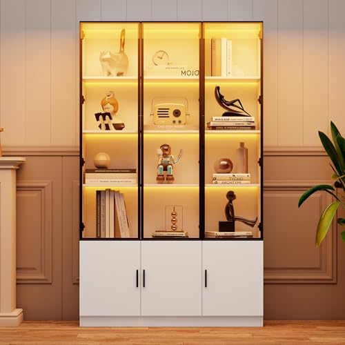 NNJN Vitrine, Standvitrine mit 6 Schranktüren, Hochschrank, Glasvitrine mit LED, Wohnzimmerschrank 120 cm breit, Multifunktionsschrank, Großer Schrank, Weiß (120 * 32 * 200cm)