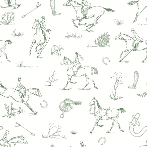 Sample for Equestrian Horse and Rider Wallpaper – Classic Green Line Sketch Design with Saddles, Boots and Countryside Motifs – Country Inspired Neutral Decor for Bedroom, Study or Living Room