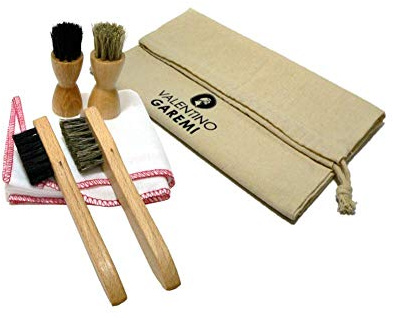 VALENTINO GAREMI Shoe Shine Kit – 4 Piece Leather Shoe Care Set with Horsehair Polish Brushes & Cotton Buffing Cloth – Real Hardwood Handles – Made in Germany