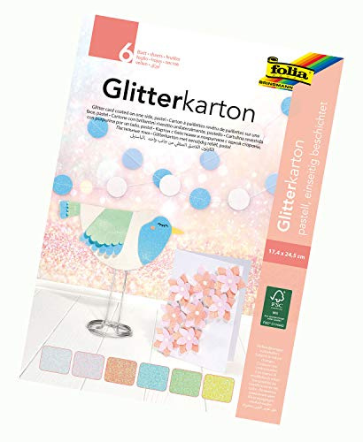 folia 85239 - Glitterkarton-Block Pastell, 300 g/qm, 6 Blatt, ca. 17,4 x 24,5 cm