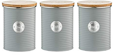 Typhoon Living Airtight Set of 3 Tea Coffee & Sugar Storage Canister Jars with Lid, Grey, 1 Litre
