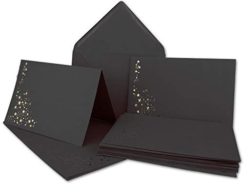 Faltkarten-Set mit Umschlägen DIN C6 A6 - Schwarz mit goldenen Metallic Sternen - 30 Sets - für Drucker geeignet Ideal für Weihnachtskarten