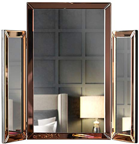 CARME Paloma Dreifach-Spiegel Spiegel abgeschrägtes Glas Design Gefaltete Tischplatte Make-up Schlafzimmer Schminktisch (Roségold)