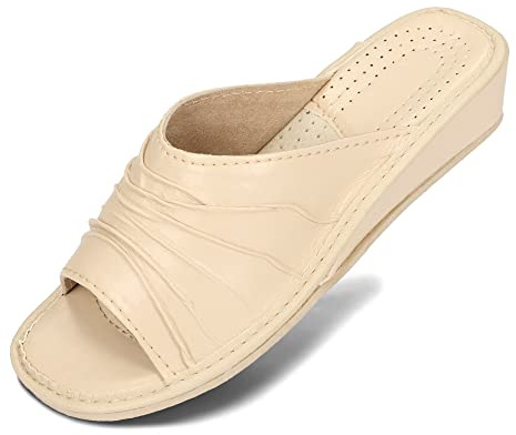 BeComfy Mujer Zapatillas por Casa Pantuflas Cuero Piel Beige Rojo Tacón Verano 35-41 EU (Beige, Numeric_41)