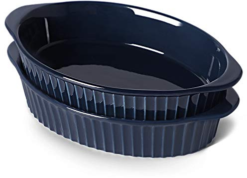 LEETOYI Kleine ovale Au Gratin Pfannen, Auflaufformen-Set für 1 oder 2 Personen Portionen, Backgeschirr mit Doppelgriff für Küche und Zuhause, 2er-Set (Marineblau)