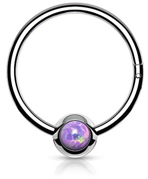 beyoutifulthings Piercing-Ring Opal-Front Universal-Piercing Ohr-Ring Nase Septum Ohr Daith Helix Klapp-Verschluss Silber Opal-Lila 1,2/10mm