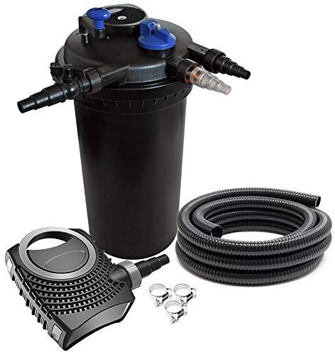 SunSun Komplettset: CPF-15000 Teichdruckfilter bis 30000 L mit 18 Watt UV-C Teichklärer, NEO10000 SuperECO Teichpumpe 10000l/h 80W, 10m Teichschlauch 38 mm (1 1/2), Schlauchschellen W1 44-47mm