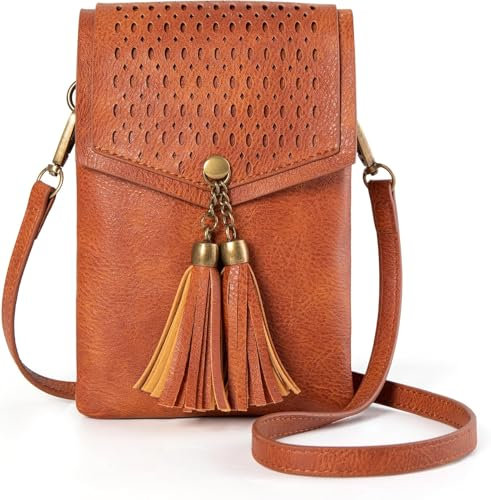 seOSTO Damen Handytasche mit Doppelten Fransen & Außenzip-Tasche - PU Leder Umhängetasche, Verstellbarer Schulterriemen mit Quasten (Braun)
