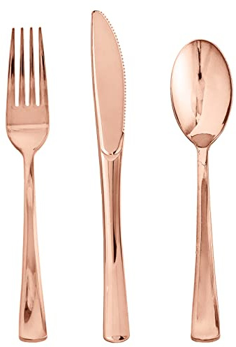FOCUSLINE 75 Pack Rose Gold Plastic Silverware Disposable Cutlery Set - 25 Forks Knives Spoons - Disposable Flatware Heavy Duty Plastic Utensils Set for Catering, Parties, Dinners, Weddings