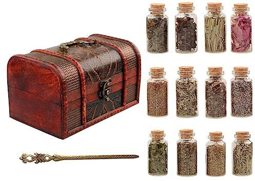 Pentagramtree Kräuter Set im Vintage Holzkoffer – 100% Reine Naturkräuter getrocknet im Glas mit Korken & Zange – Geschenkbox für Rituale, DIY, Hexen, Aromatherapie, Deko (12er Kräuterset)