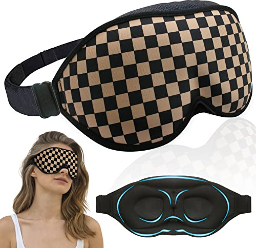 Schlafmaske für Damen Herren，100% Lichtschutz Verstellbare Schlafbrille，weiche Augenmaske aus 3D konturiertem Soft Material, Augenbinde für Reisen/Schlafen/Nickerchen (Khaki Plaid)