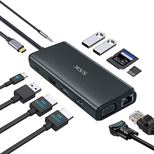 SSK USB C Docking Station 2 monitore, 11 in 1 Universal Laptop Docking Station USB Hub mit 2X HDMI 4K,VGA,RJ45 Ethernet,PD3.0,SD TF,3 USBs Mutiport Adapter für Thunderbolt 3 Geräten MacBook Lenovo