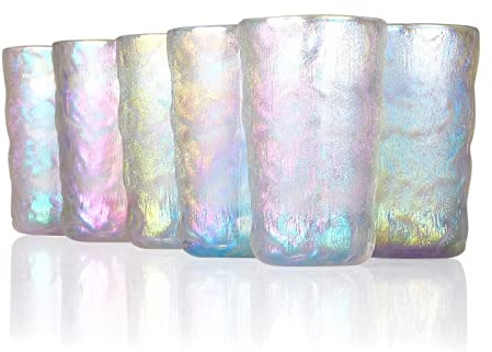 Obedpet Set of 6 Iridescent Drinking Glasses, Glass Cups with Glacier Texture,Thick&Durable Glassware Sets, 13 oz