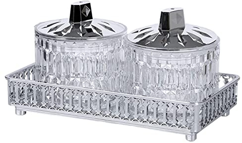 2 PCS 400ML Crystal Clear Plastic Jars & Lids, Sweet Jars Dry Fruits Spices Canisters with 1x Decorative Mirror Glass Tray Polished Perfume Tray Cosmetics Countertop (Silver)