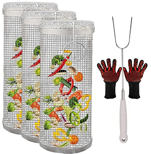 Rollendes Grillkorb-Set mit Gabel und Handschuhen, tragbarer Edelstahl-Drahtgeflecht-Zylinder-Grillkorb für Gemüse, Pommes Frites, Fisch – spülmaschinenfest (Größe: klein, Farbe: 1 Stück) (3 Stück g