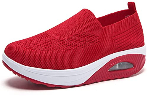 Dfcdcoo Ortopediska sneakers för kvinnor, ortopediska sneakers för kvinnor, luftkudde slip-on promenadskor plattform nät sneakers sandaler (röd, 39)