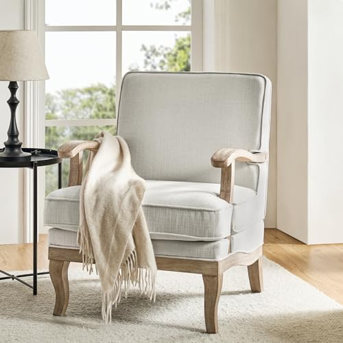 HULALA HOME Mid-Century Modern Accent Chair, Upholstered Living Room Lounge Chair, Lounge Armchair with Romantic Stripes & Solid Wood Legs, Living Room Bedroom Single Sofa Chair (Ivory)