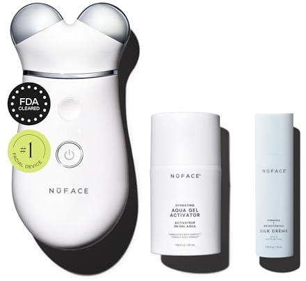 NuFACE TRINITY+ Microcurrent Facial Device Kit - FDA Cleared Face Sculpting & Neck Tightening Device for Contoured Cheeks & Brows + Microcurrent Gel Activator, Silk Creme & Brush