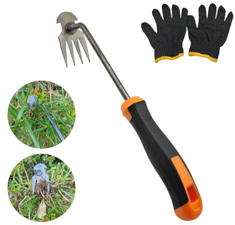 XIAONAN Weed Tool,Garden Weeder Puller Tool with Handle Manual Hand Weeder Tool 4 Teeth Dual Purpose Weeder High Strength Garden Weed Removal Tool for Garden Yard Farm (Rubber Handle)