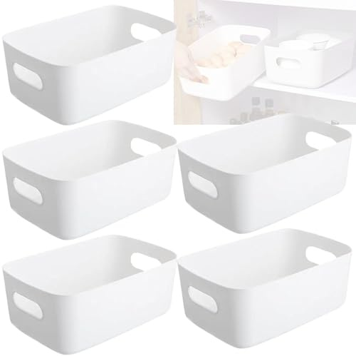 Pack of 5 Storage Baskets with Handle – Rectangular Home & Kitchen Organiser Strong Plastic Cupboard Storage Boxes 3 sizes (Medium (24.5 x17 x 10 cm), 5 Pcs White)