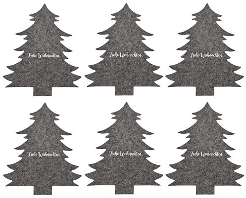 MC-Trend 6er SET Besteckhalter Weihnachtsbaum aus Filz mit Spruch 23 cm Bestecktasche Filztasche Weihnachten Tannenbaum Christbaum (6er SET Frohes Weihnachten/grau)