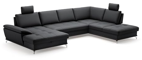Cavadore Wohnlandschaft Castiel mit Federkern / Sofalandschaft mit XL-Longchair, Sitztiefenverstellung, Kopfstützen und satinierten Metallfüßen / 363 x 89-104 x 223 / Echtleder, Schwarz