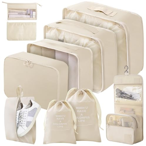 Gemtte Koffer Organizer Set 10-teilig, Wasserdicht Packing Cubes, Multifunktionale Travel Packwürfel, Kofferorganizer Packtaschen für Koffer, Reise Organizer Set Mit Kleidertaschen (Beige)