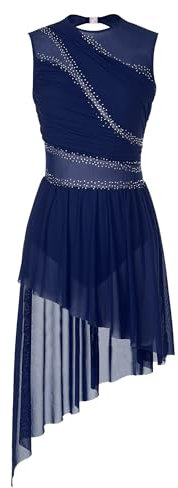Miutii Damen Eiskunstlauf Kleid Ärmellos Glitzer Ballettkleid mit Asymmetrisch Rock Lyrisch Tanzkleid Modern Contemporary Tanzkleidung Marine Blau S